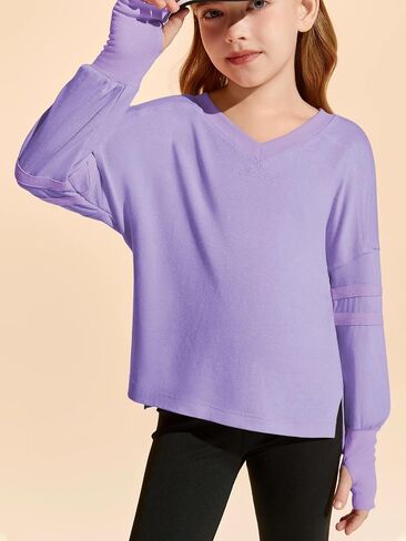 Haloumoning Girls Oversized Long Sleeve T Shirts Kids Casual V Neck Cute Tops Basic Tees with Thumb Holes 4-14Y in Saudi Arabia