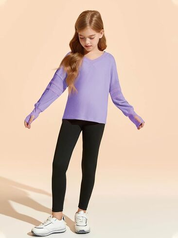 Haloumoning Girls Oversized Long Sleeve T Shirts Kids Casual V Neck Cute Tops Basic Tees with Thumb Holes 4-14Y in Saudi Arabia
