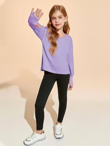 Haloumoning Girls Oversized Long Sleeve T Shirts Kids Casual V Neck Cute Tops Basic Tees with Thumb Holes 4-14Y in Saudi Arabia