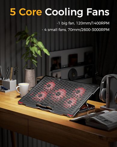 AICHESON Laptop Cooling Pad 5 Fans Up to 17.3 Inch Heavy Notebook Cooler, Blue LED Lights, 2 USB Ports, S035, Blue-5fans in Kuwait