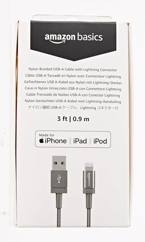 Amazon Basics USB-A to Lightning Cable, Apple MFi Certified, Nylon Braided Cord, Fast Charger for iPhone 14 13 12 11 X Xs Pro, Pro Max, Plus, iPad, 6 Foot, Dark Gray in Kuwait