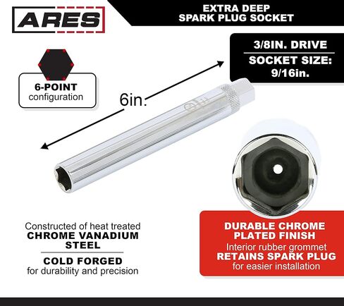 ARES 11028 - Extra Deep 5/8-Inch Spark Plug Socket – 3/8-Inch Drive Spark Plug Socket – 6-Inch Long 6-Point Socket for Superior Reach and Coverage in Saudi Arabia