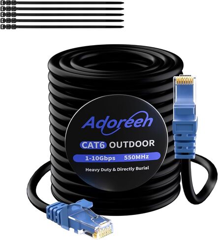 Adoreen Cat 6 Outdoor Ethernet Cable 100 Ft Black, High Speed Heavy Duty Long Internet Network Cable for POE Camera Cat 5 5e RJ45 LAN Patch Cable Cord, Sturdy Waterproof Direct Burial+25 Ties in Saudi Arabia