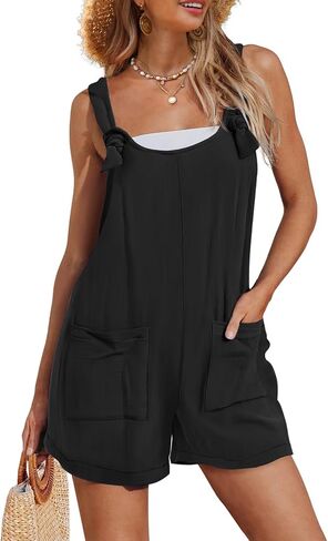 YESNO Women's Summer Casual Rompers Boho Floral Short Overalls Adjustable Tie Knot Straps Loose Jumpsuits with Pockets PHY in Saudi Arabia