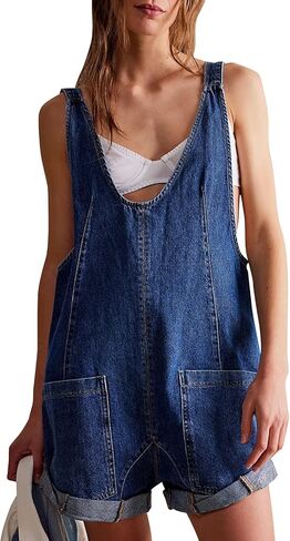 Womens Denim Rompers Summer Casual Sleeveless Denim Dress Overalls Rolled V Neck Jeans Short Jumpsuits with Pockets in Saudi Arabia
