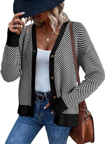 Dokotoo Women's 2024 Fashion Casual Open Front Long Sleeve Chunky Knit Striped Cardigans Sweaters Outerwear Coats in Saudi Arabia