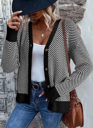 Dokotoo Women's 2024 Fashion Casual Open Front Long Sleeve Chunky Knit Striped Cardigans Sweaters Outerwear Coats in Saudi Arabia