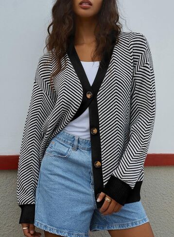 Dokotoo Women's 2024 Fashion Casual Open Front Long Sleeve Chunky Knit Striped Cardigans Sweaters Outerwear Coats in Saudi Arabia