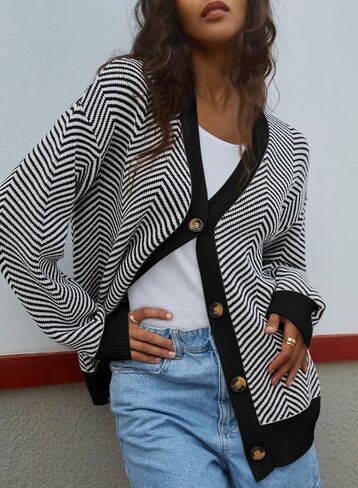 Dokotoo Women's 2024 Fashion Casual Open Front Long Sleeve Chunky Knit Striped Cardigans Sweaters Outerwear Coats in Saudi Arabia