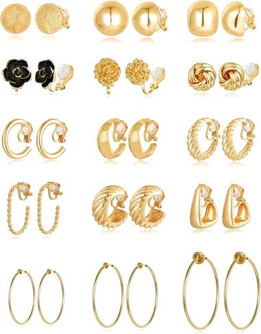 Tornito 15 Pairs Clip on Earrings 14K Gold Plated Chunky Flower Twist Knot Geometric Round Clip on Spring Hoops Earrings for Women Non-Pierced Fake Clip Earring Set Gold Silver Tone in Saudi Arabia