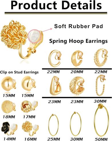Tornito 15 Pairs Clip on Earrings 14K Gold Plated Chunky Flower Twist Knot Geometric Round Clip on Spring Hoops Earrings for Women Non-Pierced Fake Clip Earring Set Gold Silver Tone in Saudi Arabia