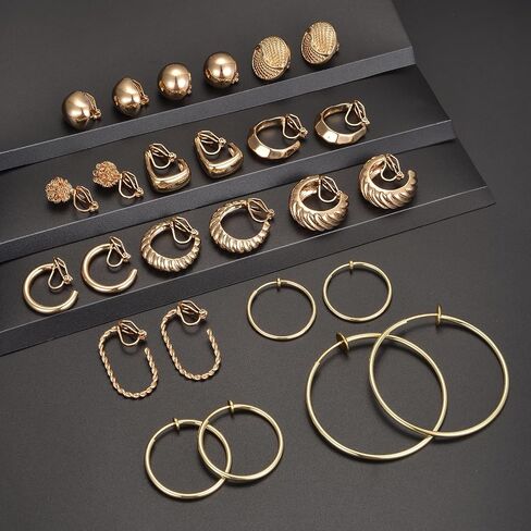 Tornito 15 Pairs Clip on Earrings 14K Gold Plated Chunky Flower Twist Knot Geometric Round Clip on Spring Hoops Earrings for Women Non-Pierced Fake Clip Earring Set Gold Silver Tone in Saudi Arabia