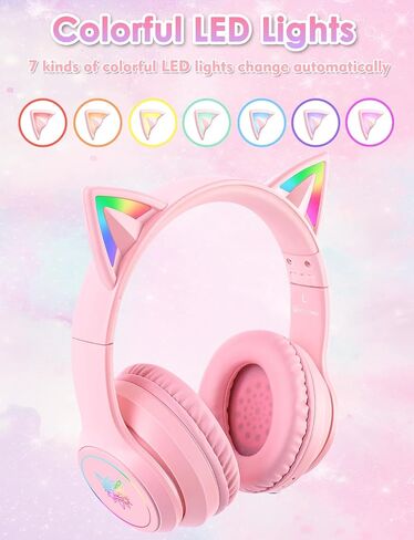 Bluetooth Kids Headphones with Microphone, Cat Ear LED Light Up and 85dB Volume Limiting Toddlers Study Headphones, Wireless Foldable HI-FI sound Over-Ear School Headphones for iPhone/iPad/Laptop/PC in Kuwait