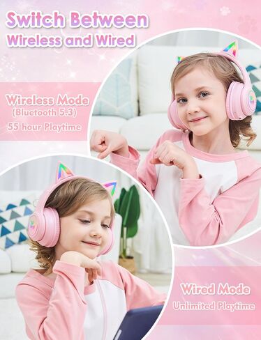 Bluetooth Kids Headphones with Microphone, Cat Ear LED Light Up and 85dB Volume Limiting Toddlers Study Headphones, Wireless Foldable HI-FI sound Over-Ear School Headphones for iPhone/iPad/Laptop/PC in Kuwait