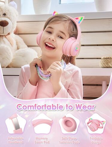 Bluetooth Kids Headphones with Microphone, Cat Ear LED Light Up and 85dB Volume Limiting Toddlers Study Headphones, Wireless Foldable HI-FI sound Over-Ear School Headphones for iPhone/iPad/Laptop/PC in Kuwait