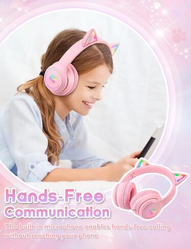 Bluetooth Kids Headphones with Microphone, Cat Ear LED Light Up and 85dB Volume Limiting Toddlers Study Headphones, Wireless Foldable HI-FI sound Over-Ear School Headphones for iPhone/iPad/Laptop/PC in Kuwait