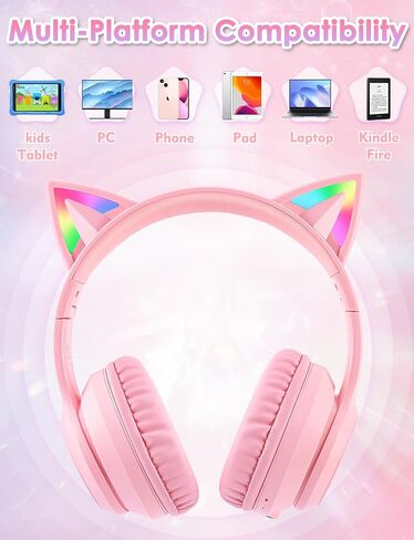 Bluetooth Kids Headphones with Microphone, Cat Ear LED Light Up and 85dB Volume Limiting Toddlers Study Headphones, Wireless Foldable HI-FI sound Over-Ear School Headphones for iPhone/iPad/Laptop/PC in Kuwait