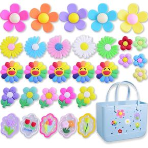 Charms for Bogg Bag 30pcs Flowers Charms for Bogg Bag Accessories Flowers Beach Charms for Bogg Bag Cute Decoration Bag Charms for Bogg Bag Rubber Tote Beach Bags