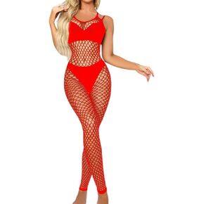 Women's Red Fishnet Lingerie, Sexy Fishnet Bodystockings, One Piece Mesh Babydoll Bodysuit with Stockings, Jumpsuit Underwear Nightwear