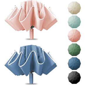 Compact Travel Umbrella, Portable Reverse Folding Car Umbrella, Large Windproof and Waterproof Inverted Umbrella, Automatic, 10 Ribs