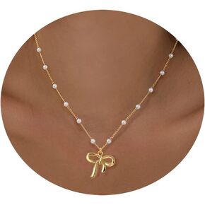 GolbalJew Cute Necklace for Women Girls 18K Gold Plated Dainty Pearl Chain Choker Necklaces Trendy Jewelry Gift