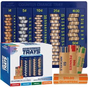 Coin Counter Sorter Money Tray - Blundle with 24 Tubular Wrappers – 6 Compartment Change Organizer and Holder -Blue Color- Ideal for Bank, Business or Home Use