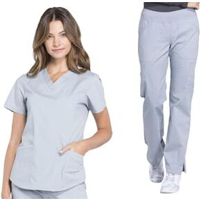 Women Scrubs Set Workwear Professionals WW665 V-Neck Top & WW170P Mid Rise Straight Leg Pull-on Cargo Pant, Grey- M Top/M Petite Pant