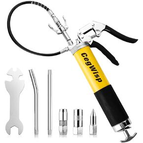 Grease Gun Pistol Grip Set: 9000 PSI 14oz Heavy Duty Grease Gun Kit with 18 Inch Spring Flex Hose, 1 Lock Coupler, 2 Reinforced Coupler, 2 Extension Rigid Pipe 1 Sharp Nozzle and 1 Wrench
