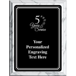 Crown Awards 7"X9" Black Metal Plate 5 Years of Service Plaque, Personalized 5 Years of Service White Marbleized Plaque Award with Your Text Black Plate Prime