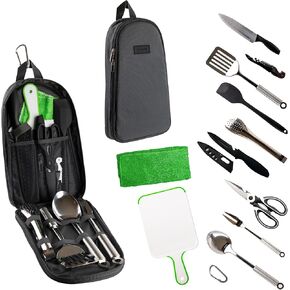 Camp Cooking Utensil Set & Outdoor Kitchen Gear Cookware Kit, Portable Compact Carry Case for Camping, Hiking, Travel, BBQ Grilling Stainless Steel Accessories Spoon & Fork