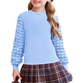 Arshiner Girls Puff Long Sleeve Shirts Ribbed Knit Cute Casual Crewneck Tops Blouse Tee