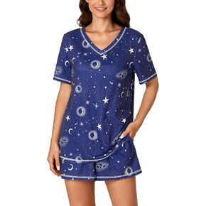 Rooscier Women's Pajamas Set Cute Pjs Short Sleeve Lounge Wear V Neck Tee With Shorts Sleepwear