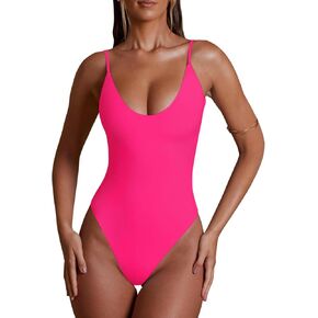 REORIA Womens Summer Sexy Deep Round Neck Double Lined Sleeveless Trendy Going Out Bodysuit Tank Tops