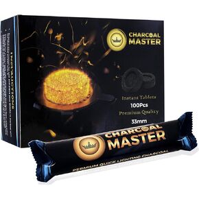 فحم سريع الإضاءة جديد من Charcoal Master - أقراص فحم فورية - أقراص فحم البخور - أقراص فحم - مجموعة من 100 قرص فحم في كل صندوق - قوالب فحم سريعة الإضاءة (كبسولة 33 مم) in Kuwait