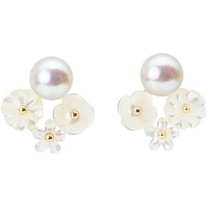 Japanese 7.5mm Akoya Cultured Pearl Earrings for Women with 18K Yellow Gold | Elegant Design Excellent Gift | Flower Earrings