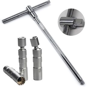 QISF 14MM & 16MM Swivel Extension Spark Plug Socket Thin Wall Magnetic 12-Point Removal Tool + 3/8-Inch Drive Sliding T bar Torque Spanner Extension Kit 10inch/25cm to Most Confined Areas