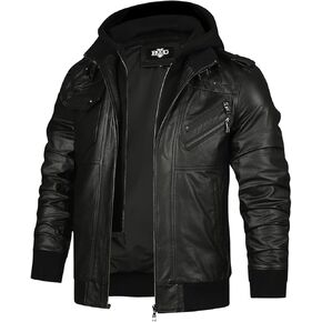 HOOD CREW Men’s Genuine Cowhide Leather Jacket Black Hooded Motorcycle Biker Jacket for Men
