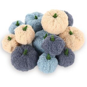 Whaline 12Pcs Assorted Faux Sherpa Pumpkins Decorative 2 Sizes Blue White Fabric Pumpkins Foam Pumpkins Fall Autumn Table Centerpiece for Thanksgiving Fall Halloween Party Mantel Farmhouse Decoration