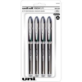 uniball Vision Elite Rollerball Pens, Micro Point (0.5mm), Black, 4 Pack