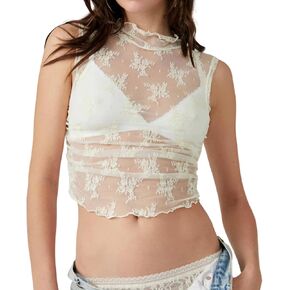Women Sleeveless See Through Lace Mesh Crop Top Mock Neck Ruched Side Slim Fit Floral Sheer Cropped Tank Top