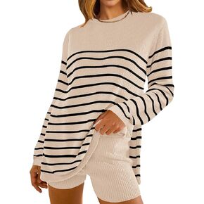 NENONA Women's Stripe Sweater Sets Two Piece Knit Outfits Long Sleeve Casual Trendy Tops and Shorts Lounge Sets