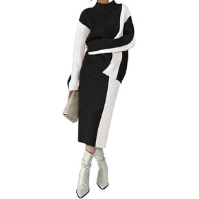 Pink Queen Women's 2 Piece Outfits 2024 Fall Winter Sweater Skirt Set Long Sleeve Oversized Top High Waist Color Block Dress