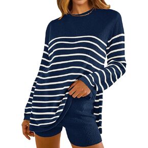 NENONA Women's Stripe Sweater Sets Two Piece Knit Outfits Long Sleeve Casual Trendy Tops and Shorts Lounge Sets