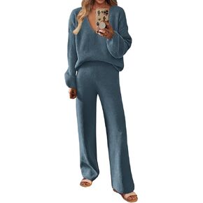 KIRUNDO Womens 2 Piece Sweater Sets 2024 Fall Winter Long Sleeve Knit Pullover and Wide Leg Pants Lounge Set Sweatsuit