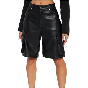 Faux Leather Cargo Shorts for Women High Waisted Casual Wide Leg Bermuda Shorts with Pockets