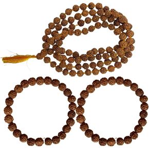 NAISHA (Pack of 3 Rudraksha Stretchable Bracelet 2 Pc. & Rudraksha Mala 108+1 Beads Necklace 5 mukhi Paanch mukhi 5 face Rudraksha, Prayer Beads, Wrist Mala Wrap, Jaap Mala, Bead Size 8 mm