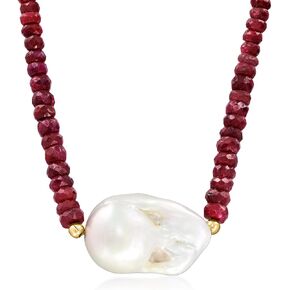 Ross-Simons 24x13mm Cultured Baroque Pearl and 70.00 ct. t.w. Ruby Bead Necklace With 18kt Gold Over Sterling. 18 inches