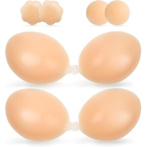 AURUZA 2 Pairs Strapless Adhesive Bra, Invisible Push up Bra,Sticky Bra for Women, Reusable Silicone Bra with Nipple Covers