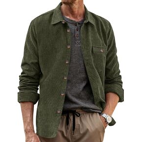 Runcati Mens Corduroy Button Down Jacket Casual Long Sleeve Shirts Ribbed Lightweight Shacket Jacket with Flap Pocket