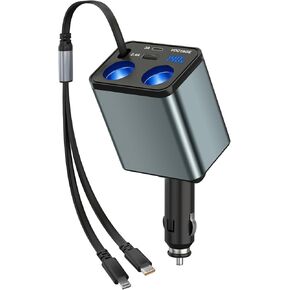 (تحديث 2024) محول مقسم ولاعة السجائر مع شاحن سيارة قابل للسحب، 140 واط USB C شحن سريع 2 مقبس 12/24 فولت مخرج طاقة السيارة مع منافذ متعددة لهاتف iPhone/Samsung/GPS/Dash Cam/Laptop